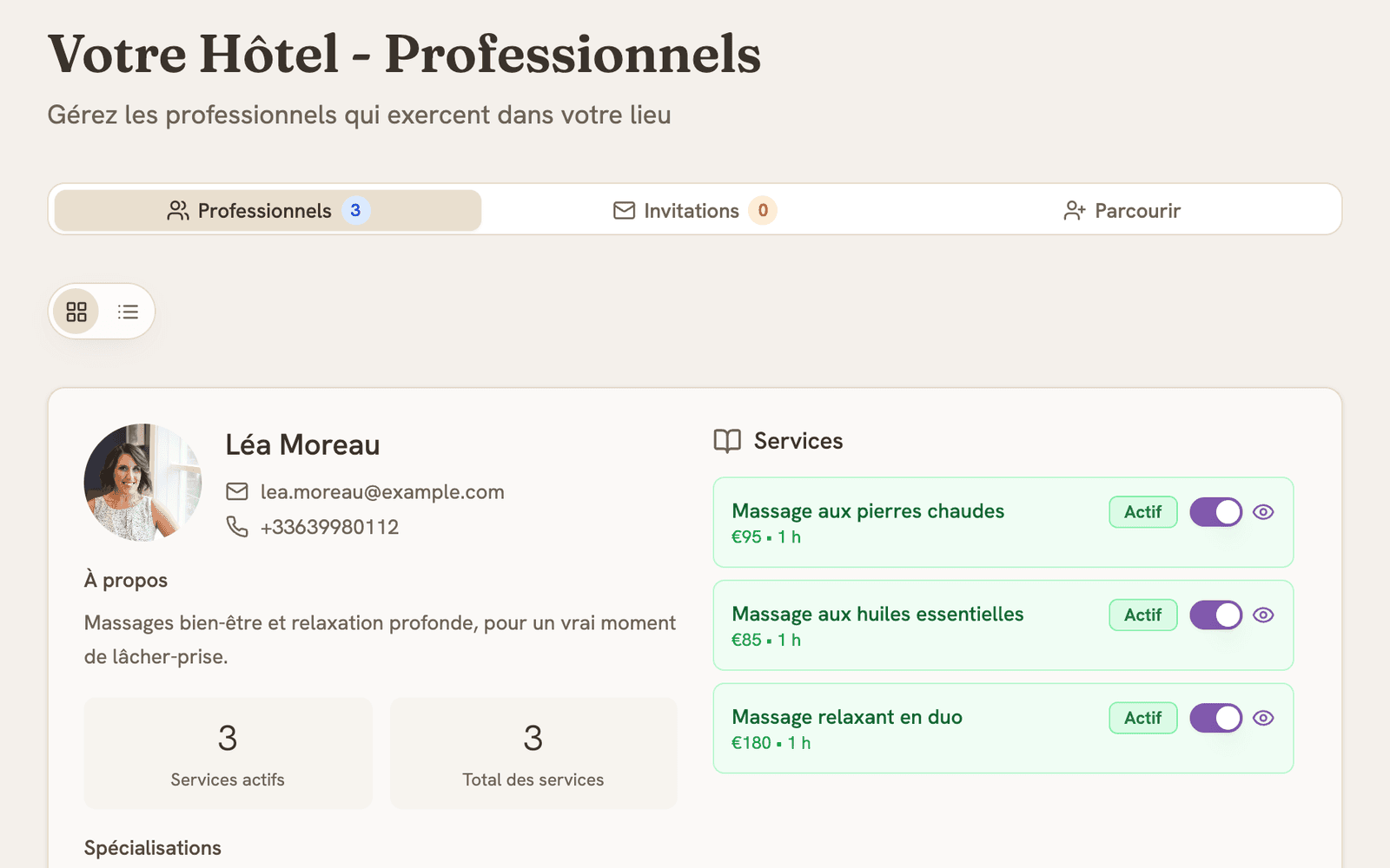 Aperçu : les professionnels de votre lieu