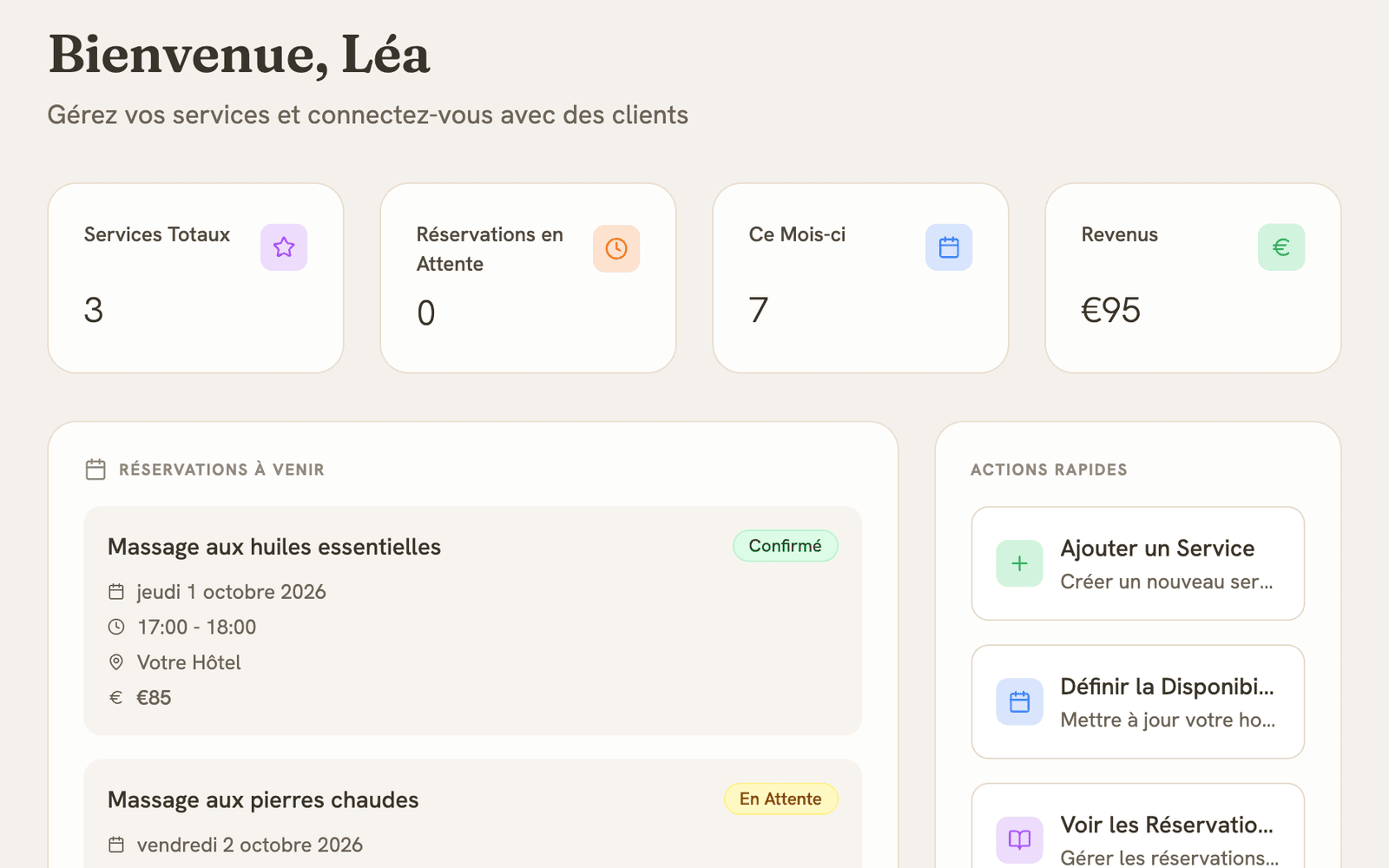 Aperçu : le tableau de bord d'un professionnel