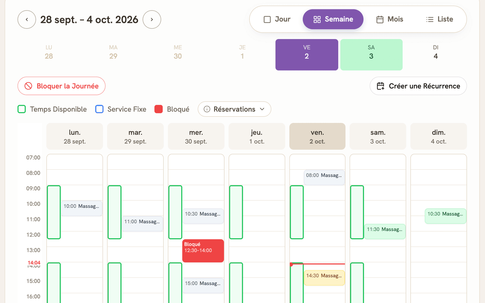 Aperçu : le calendrier d'un professionnel