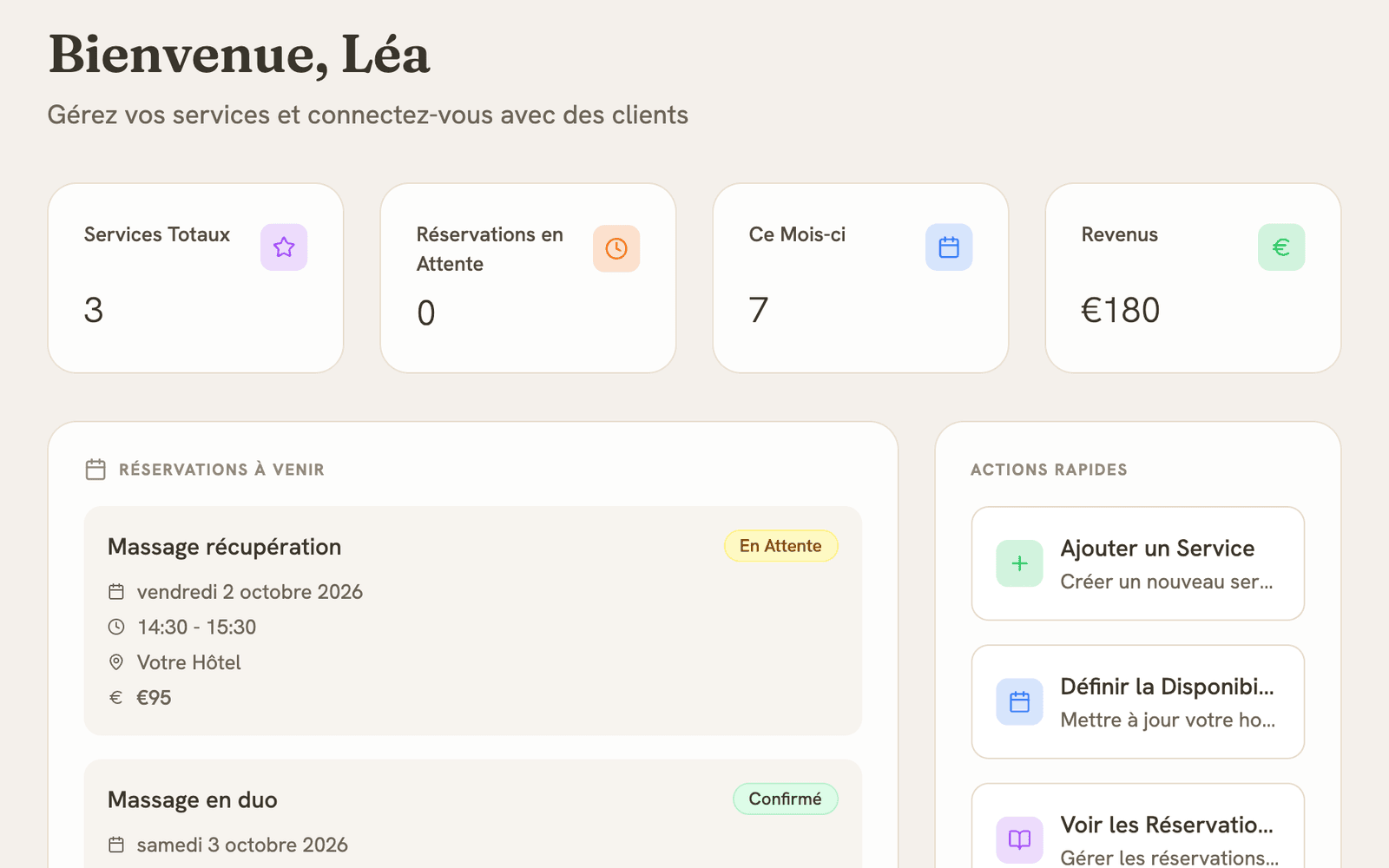 Aperçu : le tableau de bord d'un professionnel