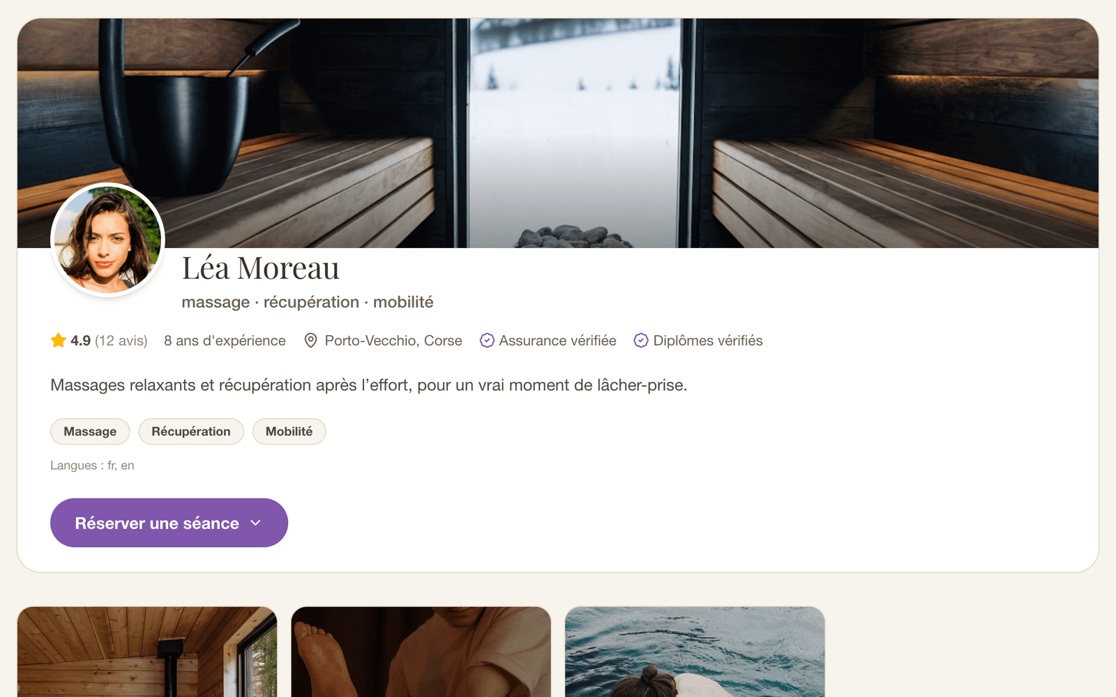 Aperçu : la page publique d'un professionnel